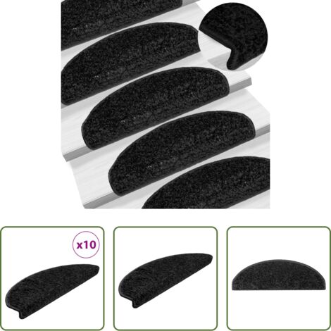 vidaXL Alfombras para escaleras negras -  Alfombrillas para escaleras 10 unidades 65x21x4 cm Negro Semicircular Grande
