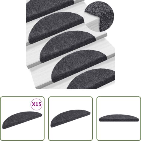vidaXL Alfombrillas para escaleras -  Felpudos autoadhesivos para escaleras, 15 unidades, 56 x 17 x 3 cm, gris oscuro, semicirculares