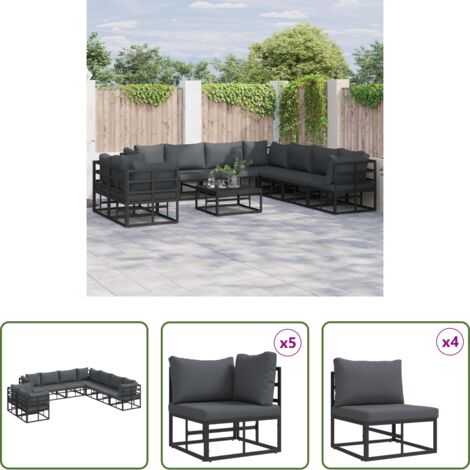 vidaXL Alluminio -  Set Divano da Giardino con cuscino 9 pcs Nero Alluminio