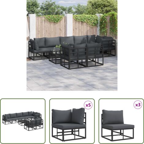 vidaXL Alluminio -  Set Divano da Giardino con cuscino 9 pcs Nero Alluminio