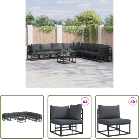 vidaXL Alluminio -  Set Divano da Giardino con cuscino 9 pcs Nero Alluminio