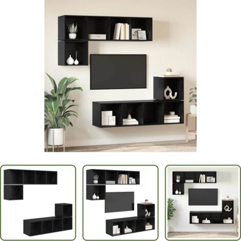 vidaXL Almacenamiento de TV -  Conjunto de mueble de TV 4 pcs Roble Negro Madera contrachapada