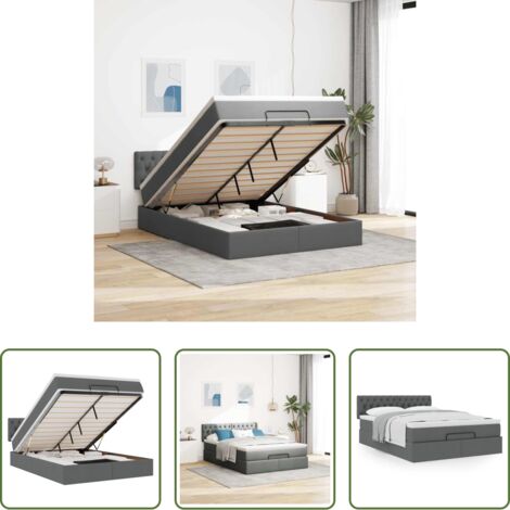 vidaXL Almacenamiento debajo de la cama -  Cama otomana con colchón gris oscuro 140x190 cm tela
