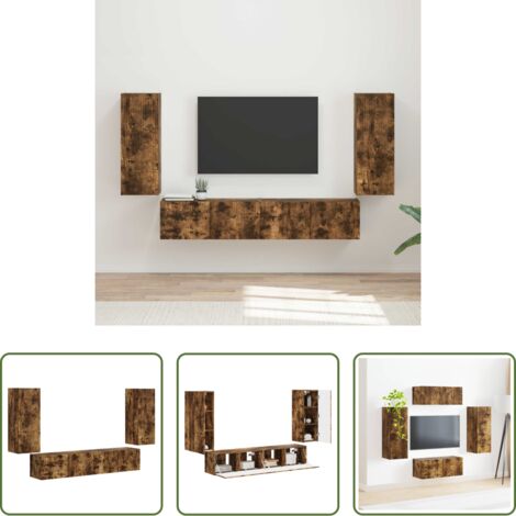 vidaXL Almacenamiento en pared -  Conjunto de mueble para TV de pared 4 pcs Roble ahumado