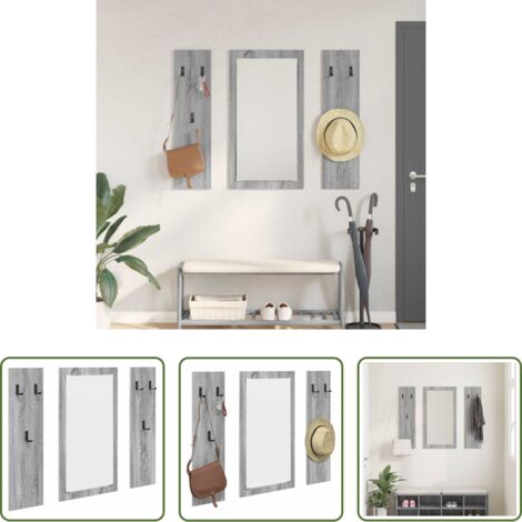 vidaXL Almacenamiento en pasillo -  Perchero de pared con espejo Gris Sonoma 96 x 1,5 x 90 cm
