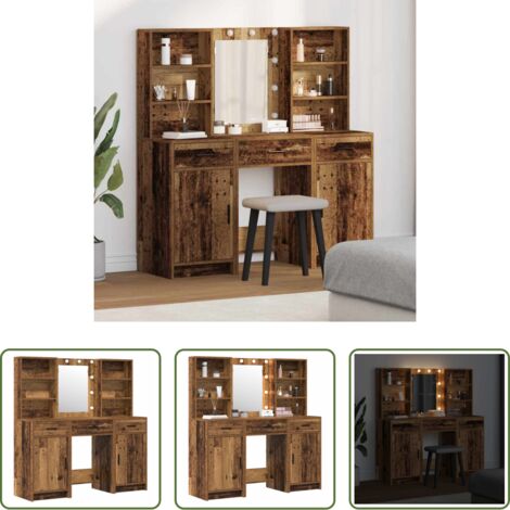 vidaXL Almacenamiento personal -  Conjunto de mesa de vestidor con LED 3 pcs Madera vieja
