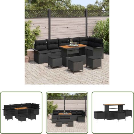 vidaXL Almohada -  Conjunto de sofá de jardín con cojín con almohada 10 pcs Negro