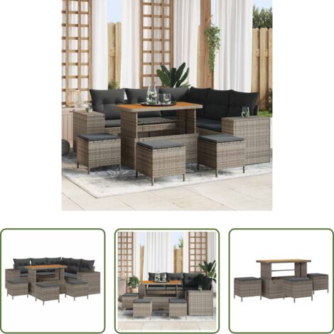 vidaXL Almohada -  Conjunto de sofá de jardín con cojín con almohada 9 pcs Gris