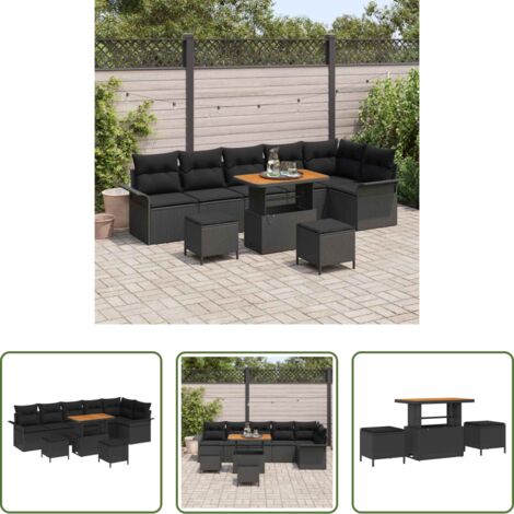 vidaXL Almohada -  Conjunto de sofá de jardín con cojín con almohada 9 pcs Negro