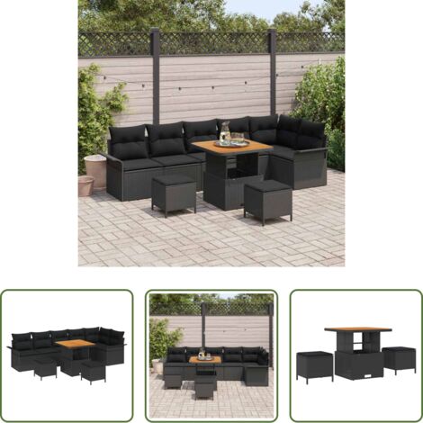 vidaXL Almohada -  Conjunto de sofá de jardín con cojín con almohada 9 pcs Negro