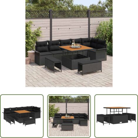 vidaXL Almohada -  Conjunto de sofá de jardín con cojín con almohada 9 pcs Negro
