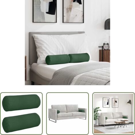 vidaXL Almohadas de fibra de poliéster -  Cojines Bolster 2 pcs Verde oscuro Ø 15 x 40 cm Tela de pana