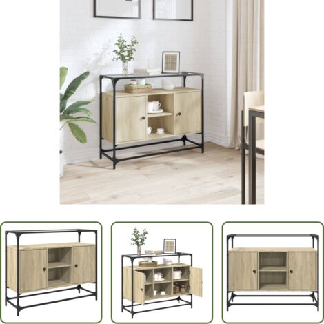 vidaXL Aparador de roble Sonoma -  Aparador cristal y madera ingeniería roble Sonoma 98x35x81 cm