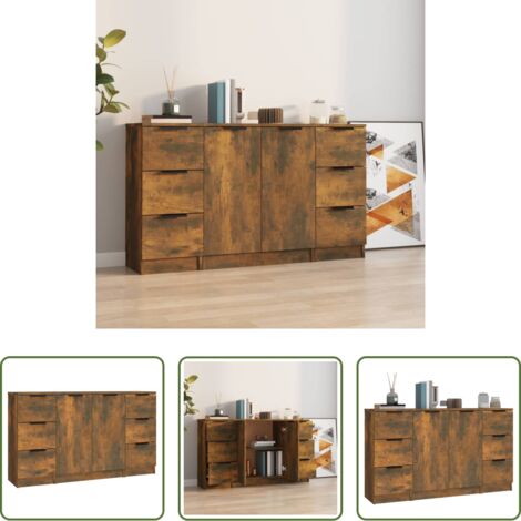 vidaXL Aparadores con puertas -  Aparadores 3 piezas madera contrachapada roble ahumado