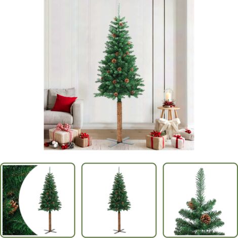 vidaXL Árbol de Navidad de Madera -  Árbol de Navidad delgado madera auténtica y piñas PVC 210 cm