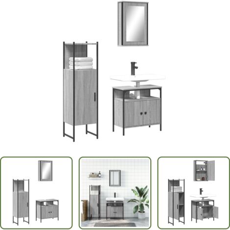 vidaXL Armadietto a specchio -  Set Mobili da Bagno 3 pz Grigio Sonoma in Legno Multistrato