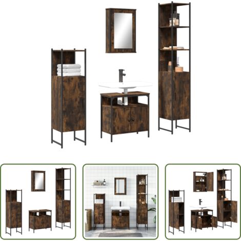 vidaXL Armadietto a specchio -  Set Mobili da Bagno 4 pz Rovere Fumo in Legno Multistrato