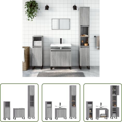 vidaXL Armadietto autoportante -  Set Mobili da Bagno 3 pz Grigio Sonoma in Legno Multistrato