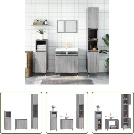 vidaXL Armadietto autoportante -  Set Mobili da Bagno 3 pz Grigio Sonoma in Legno Multistrato