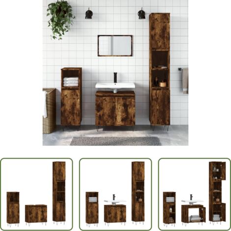 vidaXL Armadietto autoportante -  Set Mobili da Bagno 3 pz Rovere Fumo in Legno Multistrato