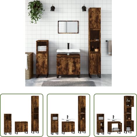 vidaXL Armadietto autoportante -  Set Mobili da Bagno 3 pz Rovere Fumo in Legno Multistrato