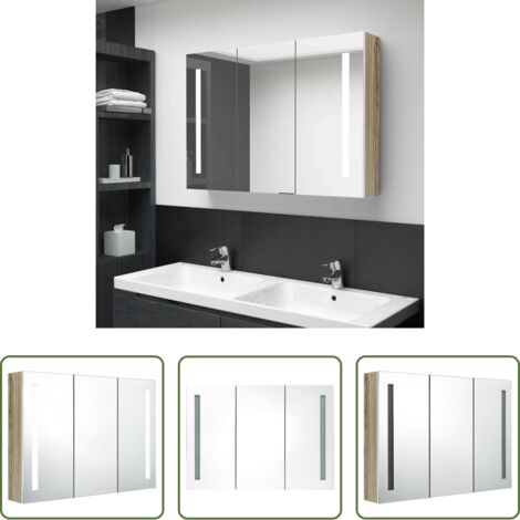 vidaXL Armadietto con led -  Armadietto Bagno con Specchio e LED 89x14x62 cm Bianco e Rovere