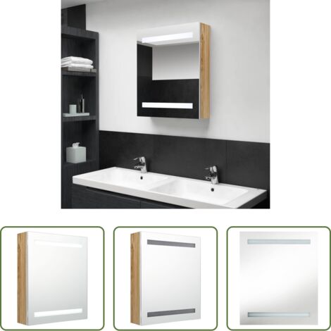 vidaXL Armadietto con specchio -  Armadietto Bagno con Specchio e LED Bianco e Rovere 50x14x60 cm