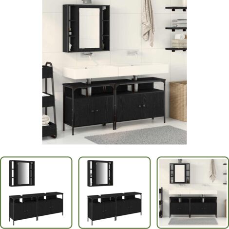 vidaXL Armadietto con specchio -  Unità da Bagno con lo scaffale 3 pcs Nero Legno multistrato