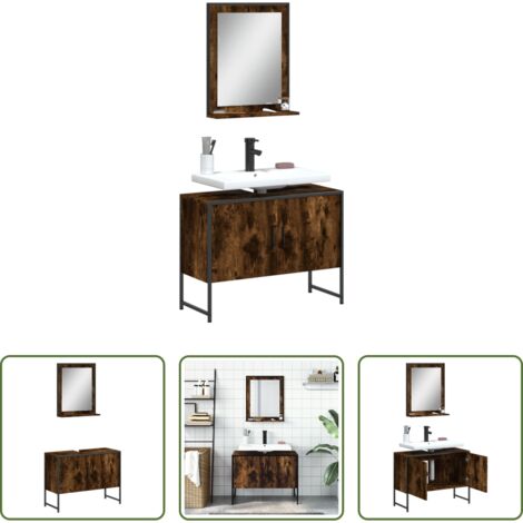 vidaXL Armadietto lavello -  Set Mobili da Bagno 2 pz Rovere Fumo in Legno Multistrato