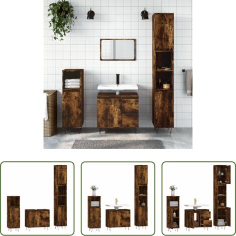 vidaXL Armadietto lavello -  Set Mobili da Bagno 3 pz Rovere Fumo in Legno Multistrato