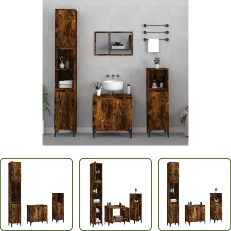 vidaXL Armadietto lavello -  Set Mobili da Bagno 3 pz Rovere Fumo in Legno Multistrato