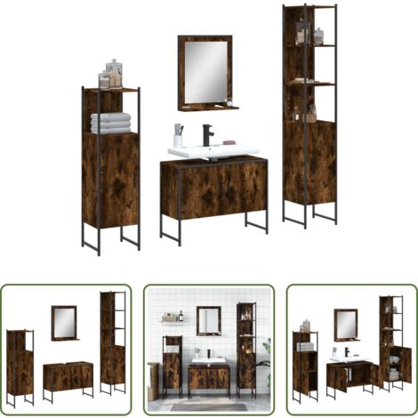 vidaXL Armadietto lavello -  Set Mobili da Bagno 4 pz Rovere Fumo in Legno Multistrato