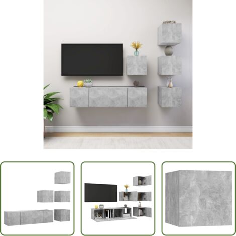 vidaXL Armadietto TV sospeso -  Set di Mobili Porta TV 6 pz Grigio Cemento in Legno Multistrato