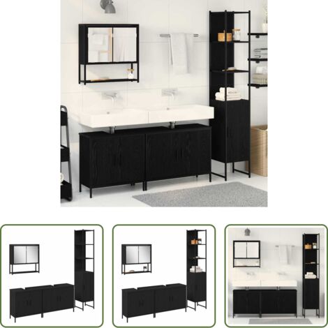vidaXL Armadio specchio -  Set di mobili per il bagno 4 pcs Nero Legno multistrato