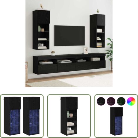 vidaXL Armadio tv con luci led -  Mobiletti TV a parete 2 pcs Rovere Nero 30,5 x 30 x 90 cm