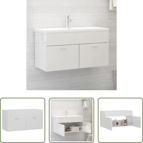 vidaXL Armario blanco brillo -  Armario para lavabo contrachapada blanco brillo 90x38,5x46 cm