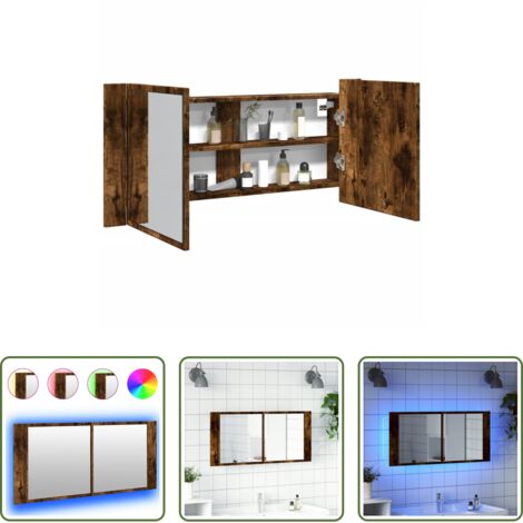 vidaXL Armario con espejo -  Armario de baño con espejo y luz LED roble ahumado 100x12x45 cm