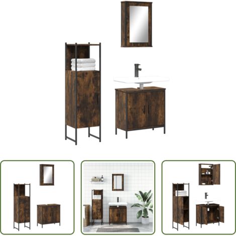 vidaXL Armario con espejo -  Set de muebles baño 3 pzas madera contrachapada roble ahumado