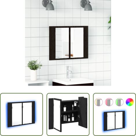 vidaXL Armario con luz led -  Armario con espejo de baño Roble Negro 60 x 12 x 45 cm