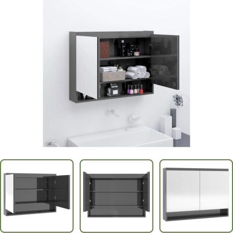 vidaXL Armario de baño con espejo MDF gris brillante 80x15x60 cm