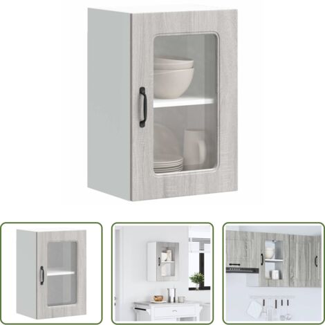 vidaXL Armario de cristal -  Armario de cocina de pared con puerta de cristal "Kalmar" de, madera de ingeniería Sonoma gris