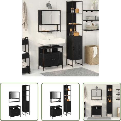 vidaXL Armario de espejo -  Juego de muebles de baño 3 pcs Roble Negro Madera contrachapada