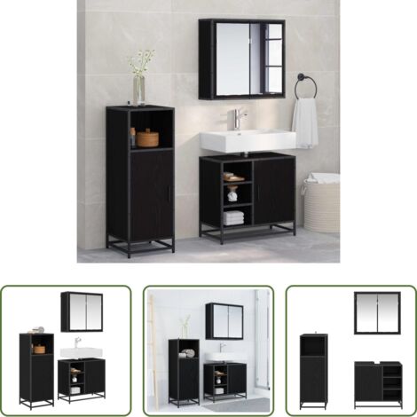 vidaXL Armario de espejo -  Juego de muebles de baño 3 pcs Roble Negro Madera de ingeniería