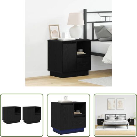 vidaXL Armario de noche con luz -  Armario de Noche con cajón 2 pcs Roble Negro 50 x 34,5 x 50 cm.