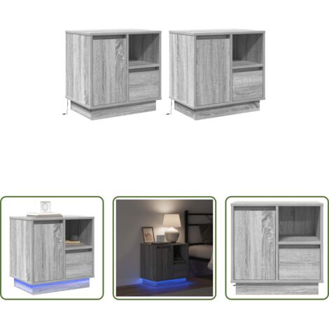 vidaXL Armario de noche con luz led -  Armario de Noche con cajón 2 pcs Gris 50 x 34,5 x 50 cm.