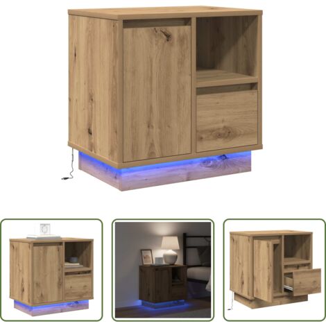 vidaXL Armario de noche con luz led -  Armario de Noche con cajón Roble artesanal 50 x 34,5 x 50 cm.