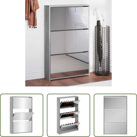vidaXL Armario de zapatos -  Mueble zapatero y espejo 3 niveles gris Sonoma 63x17x102,5 cm