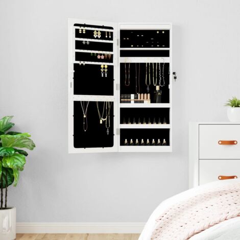Vidaxl – Armoire à bijoux murale avec miroir et éclairage LED – Bois d'ingénierie blanc – Dimensions 37,5 x 10 x 90 cm – Design verrouillable