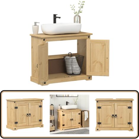 Vidaxl – Armoire lavabo salle de bain en bois de pin massif – Meuble sous vasque 73x33x60cm – Poignées en métal – Grand espace de rangement