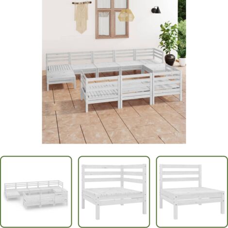 vidaXL Arredamento da esterno -  Set Salotto da Giardino 10 pz in Legno Massello di Pino Bianco